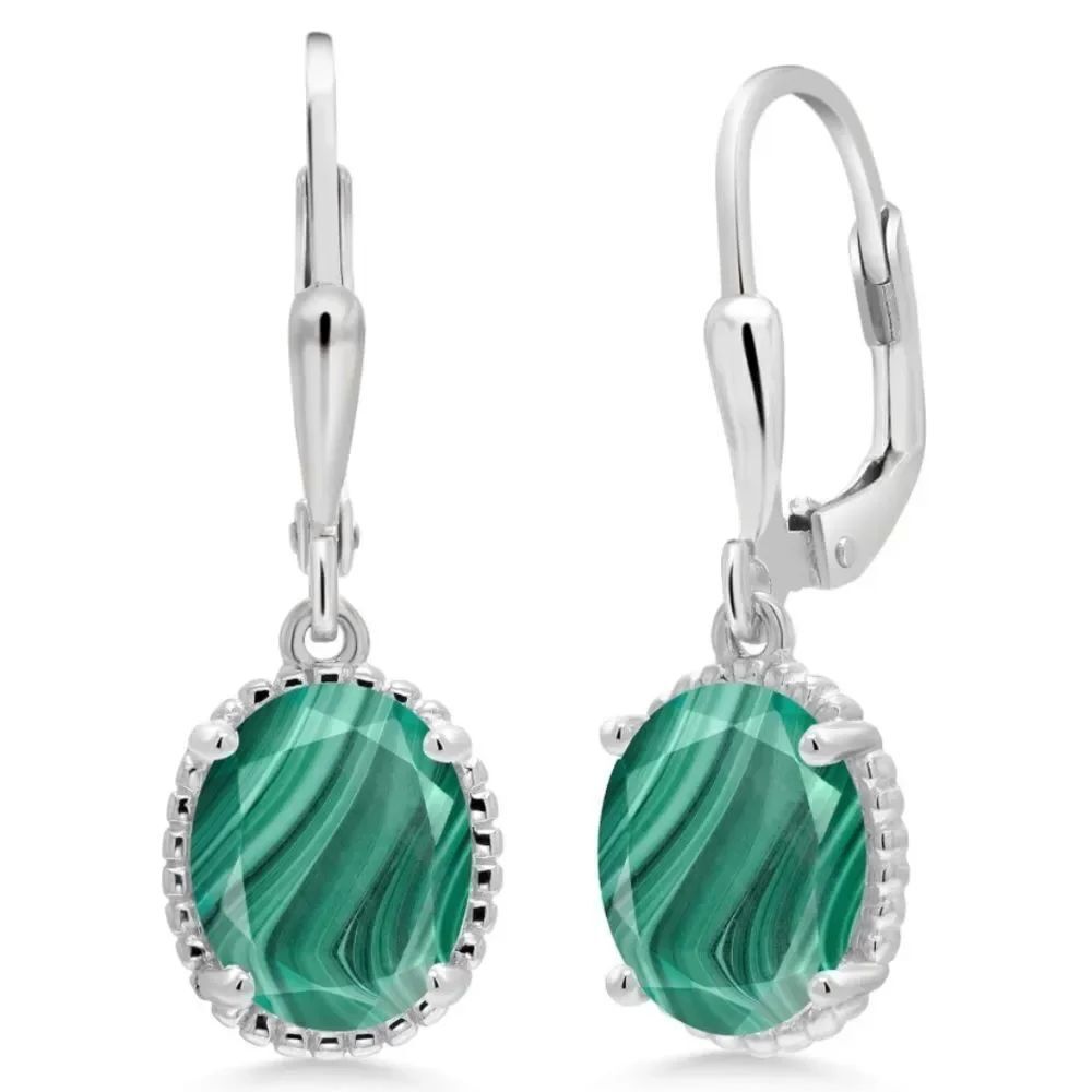 925 Sterling Silver with 5.00 Cttw Malachite Oval Leverback Hook Earrings